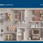 Apartamento com dois quartos, sendo uma suíte e varanda gourmet.