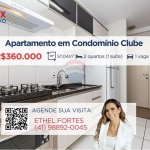 Apartamento mobiliado em condomínio clube com 2 quartos, 1 suíte, sacada com churrasqueira,