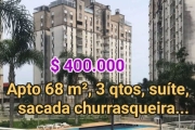 Apto 68 m² 3 qtos suíte sacada com churrasqueira, garagem