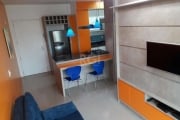 Apartamento de 01 quarto com  38 m² privativos  integrado com sala e cozinha, inteiramente Mobiliado com todos utensílios, eletrodomésticos, móveis sob medida e vaga coberta escriturada.&lt;BR&gt;Exce