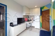 Flat totalmente mobiliado disponível para locação com 34m², 1 dormitório e 1 vaga de garagem.