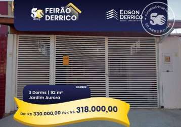 Casa com 3 dormitórios à venda, 92 m² por r$ 330.000,00 - residencial jardim aurora - pindamonhangaba/sp