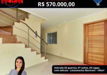 Sobrado á venda 3 quartos, 1 suíte, 4 vagas, 144m² - loteamento marinoni