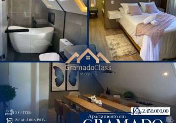 Apartamento em gramado 225 m² com 3 suítes, banheira, mobiliado e decorado