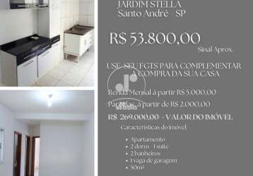 Apartamento à venda no jardim stella, santo andré-sp: 2 quartos, 1 suíte, 1 sala, 2 banheiros, 1 vaga de garagem, 50m². aproveite!