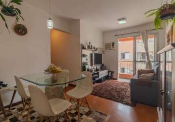 Apartamento semimobiliado de 58 m² privativos, decoração charmosa, boa iluminação, com dois dormitórios com armários planejados, cozinha planejada, living integrado, banheiro social e uma vaga de gara