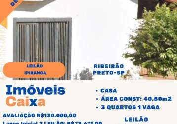 Casa para venda em ribeirão preto, ipiranga, 3 dormitórios, 1 banheiro, 1 vaga