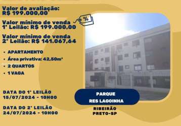 Apartamento para venda em ribeirão preto, parque residencial lagoinha, 2 dormitórios, 1 banheiro, 1 vaga