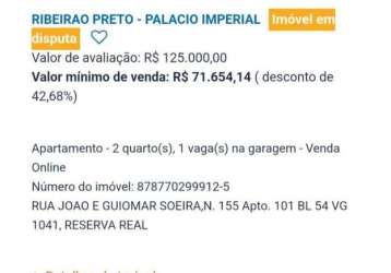 Apartamento para venda em ribeirão preto, reserva real, 2 dormitórios, 1 banheiro, 1 vaga