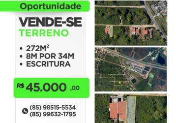 Terreno à venda na rod. raimundo pessoa de araújo, 268, jurema (distrito), caucaia, 272 m2 por r$ 45.000