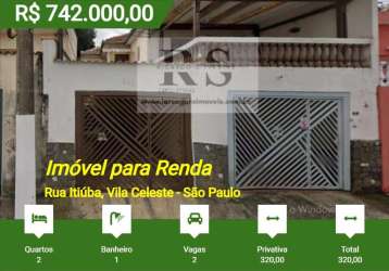 Imóvel para renda para venda em são paulo, vila celeste, 2 dormitórios, 1 banheiro, 2 vagas