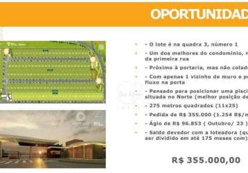 Terreno à venda, 275 m² por r$ 355.000,00 - grand ville - uberlândia/mg