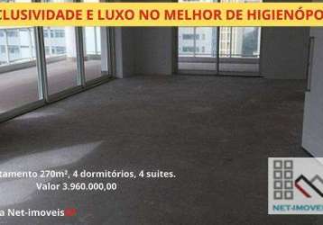 Apartamento 4 dormitórios (270m²), 4 suítes, 4 vagas, terraço gourmet. altíssimo padrão em higienópolis