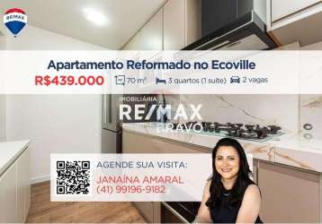 Apartamento de 70 m², com 3 quartos, 1 suíte, reformado no ecoville