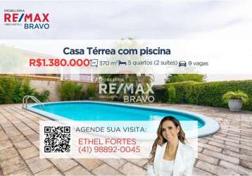 Casa terrea à venda com piscina, 373m2, 5 quartos (2 suítes), 9 vagas de garagem