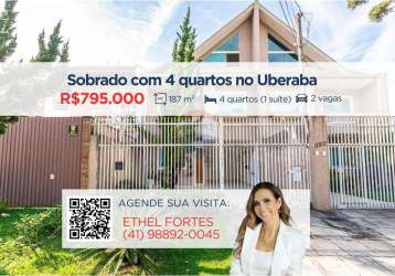 Sobrado no uberaba com 187 m² à venda, 4 quartos e 2 vagas de garagem.