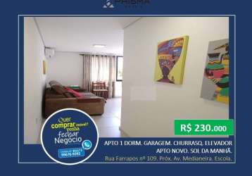 Apartamento de 1 dormitório, garagem, churrasq. elevador