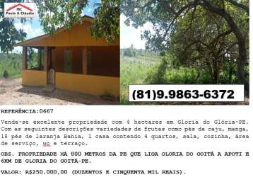 Vende-se excelente propriedade de 4 hectares em glória do goitá-pe