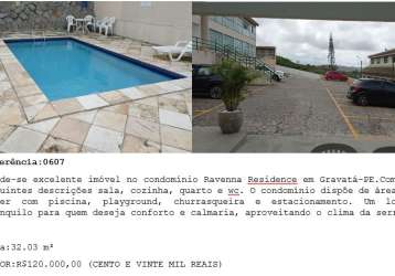 Vende-se excelente imóvel no condomínio ravenna residence em gravatá-pe.