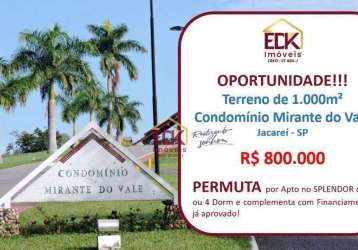 Terreno à venda, 1000 m² por r$ 800.000,00 - parque mirante do vale - jacareí/sp