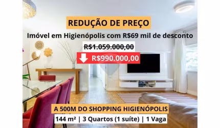 Venda Apto Reformado na  Av. Angélica, 896, 3 dormitórios, 1 suíte, lavabo, 144 m², com  lazer no prédio por R$990.000,00