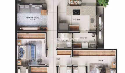 Apartamento com três quartos, uma suíte, varanda gourmet e duas vagas de garagem.