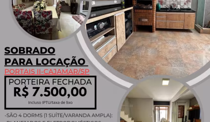 Sobrado para locação, móveis e eletrodomésticos, 4 dorms, suíte,  3 vagas, área gourmet, em Portais II, Cajamar/SP