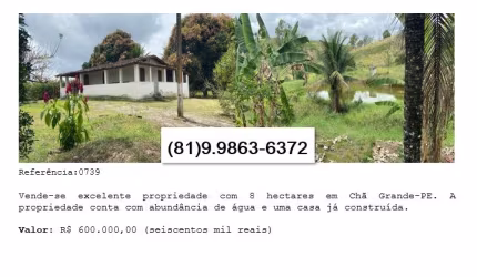 Vende-se excelente propriedade com 8 hectares em Chã Grande-PE