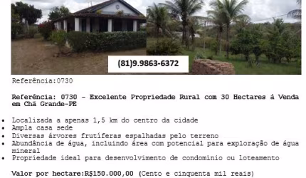 Vende-se excelente propriedade rural com 30 hectares em Chã Grande-PE