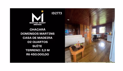 Chacará em Domingos Martins, Casa com 02 Quartos, Suíte, Terreno: 3.300M