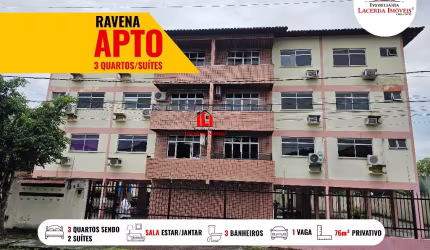 Residencial Ravena, Apartamento com 3 quartos sendo 2 suítes, 76m²,  3º último andar, 1 vaga Pilotis