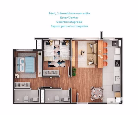 Apartamento de 2 dormitórios, suíte e espera para churrasqueira ou lareira.