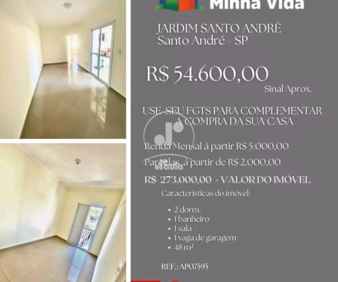 Apartamento à venda em Santo André-SP: 2 quartos, 1 sala, 1 banheiro, 1 vaga de garagem, 48m² no Jardim Santo André!