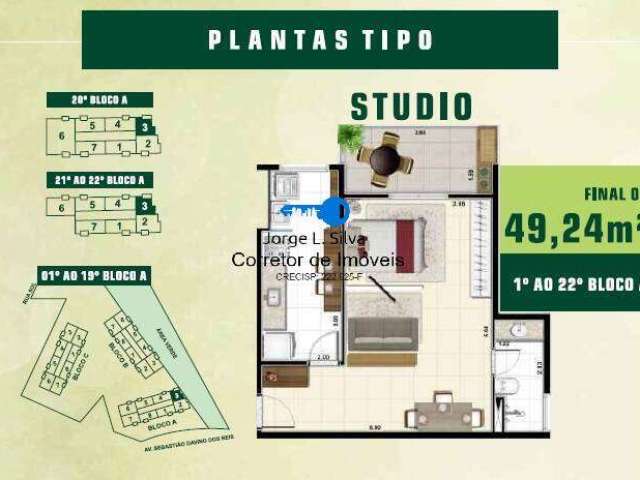 Studios de 49,24m2 e 57,59m2  1 vaga  venda e Locação com opção de compra!