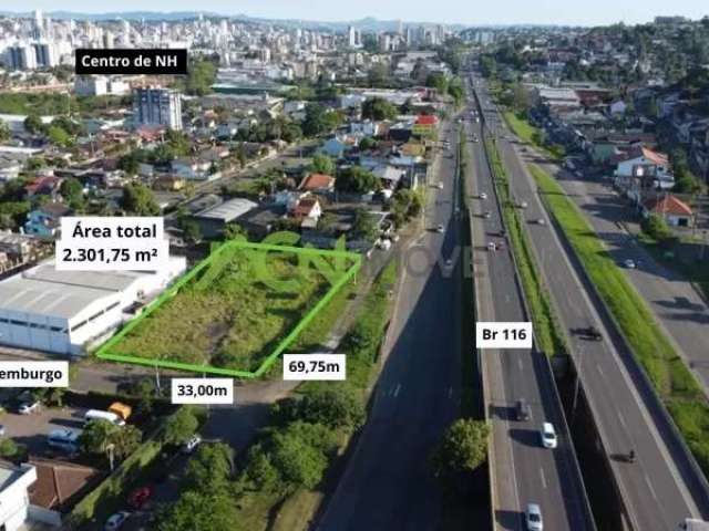 Lote plano com 2.301,75m² no bairro Rincão, com frente 69,75m para BR 116, Novo Hamburgo