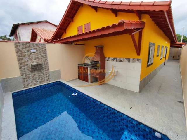 Casa geminada nova com piscina e churrasqueira lado pista em mongaguá!