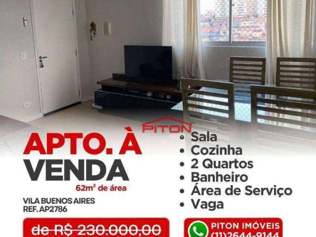 Apartamento com 2 dormitórios à venda, 62 m² por R$ 225.000,00 - Vila Buenos Aires - São Paulo/SP