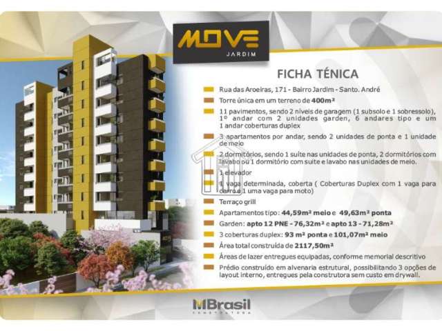 Lançamento de apartamento em Condomínio para Venda no bairro Jardim, 2 dormitórios, 1 suíte, 1 vagas, preço da unidade 72 com 44 m². Previsão de entrega em junho/2024.