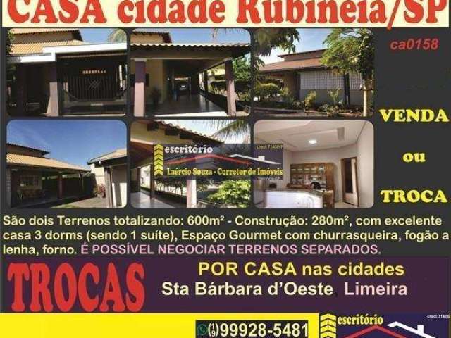 Casa Venda em Rubinéia SP, 600m² de terreno, 280m² construção, Piscina, Espaço Gourmet