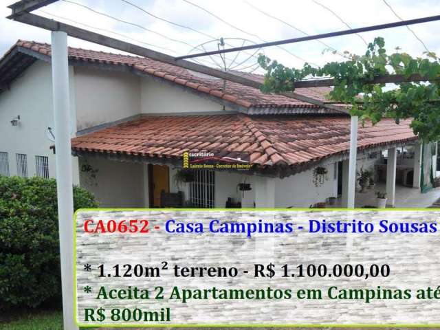 Casa Venda em Campinas SP, Sousas, Terreno 1.020m² R$ 1.100.000,00  Estuda  permuta por dois Apartamentos Campinas