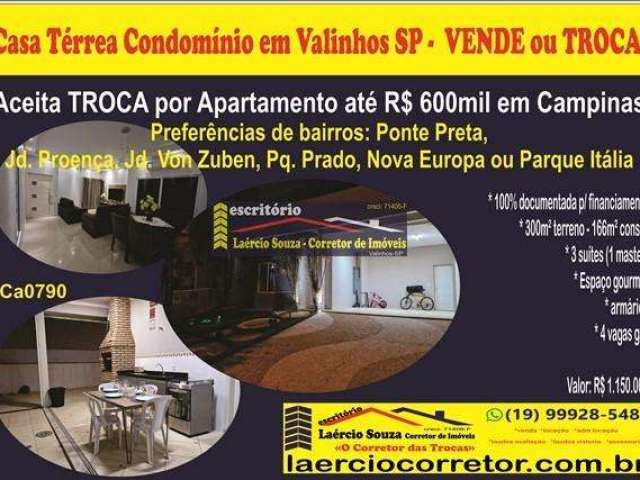 Casa Térrea Condomínio Venda em Valinhos SP, 3 suites- R$ 1.150.000,00 Aceita Apartamento em Campinas SP