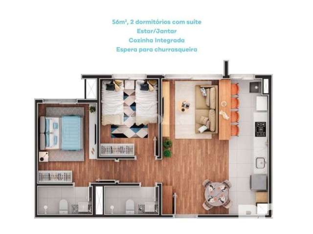 Apartamento de 2 dormitórios com 56m², com suíte e espera para churrasqueira ou lareira, piso laminado nos quartos  e porcelanato nas áreas frias. Sol da tarde, vista livre para o bairro, infraestrutu