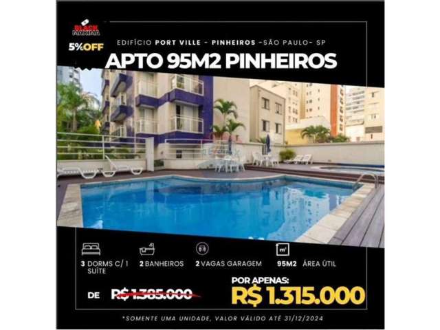 Apartamento em Pinheiros - Edifício Port Ville -  3 quartos, 1 suíte com closet, 2 vagas,  95m2 área útil