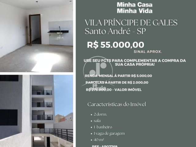 Imperdível! Apartamento à venda em Santo André-SP, Vila Príncipe de Gales. 2 quartos, sala, banheiro, 1 vaga, 40m².