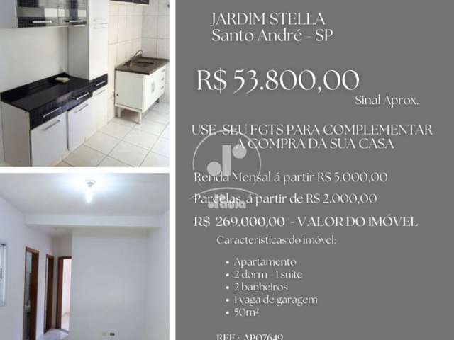 Apartamento à venda no Jardim Stella, Santo André-SP: 2 quartos, 1 suíte, 1 sala, 2 banheiros, 1 vaga de garagem, 50m². Aproveite!