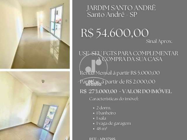 Apartamento à venda em Santo André-SP: 2 quartos, 1 sala, 1 banheiro, 1 vaga de garagem, 48m² no Jardim Santo André!