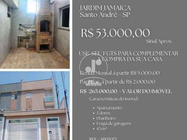 Oportunidade única! Apartamento à venda em Santo André-SP, Jardim Jamaica. 2 quartos, 1 sala, 1 banheiro, 1 vaga, 43,00m².