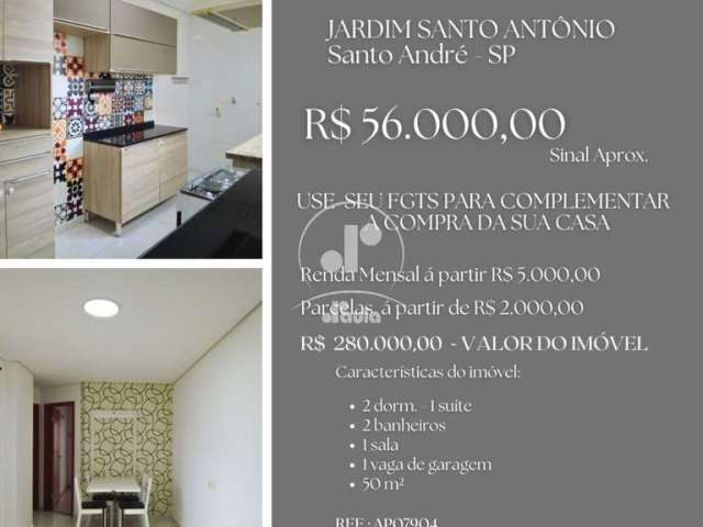 Imperdível apartamento à venda em Santo André-SP, Jardim Santo Antônio: 2 quartos, 1 suíte, 1 sala, 2 banheiros, 1 vaga e 50m².