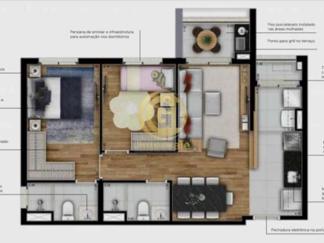 Planta tipo : 2 dormitórios, sendo 1 suíte  planta opção : 1 suíte com sala ampliada 58 m²