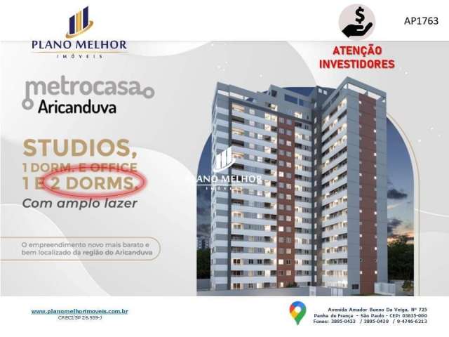 Investidores - Apartamento à Venda Próximo ao Shopping Aricanduva com 1 e 2 Dormitórios, Sala 2 Ambientes com Sacada com 28,21M² - AP1763